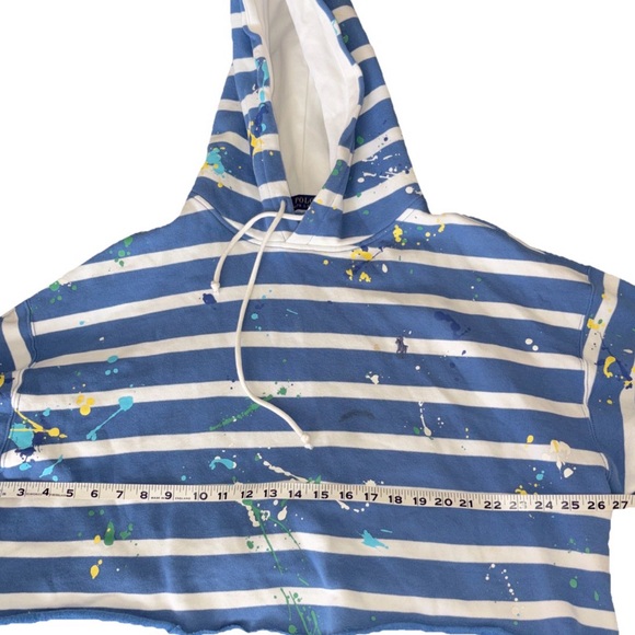 Polo Ralph Lauren cropped striped Fleece paint splatter hoodie Sz L - Picture 6 of 11